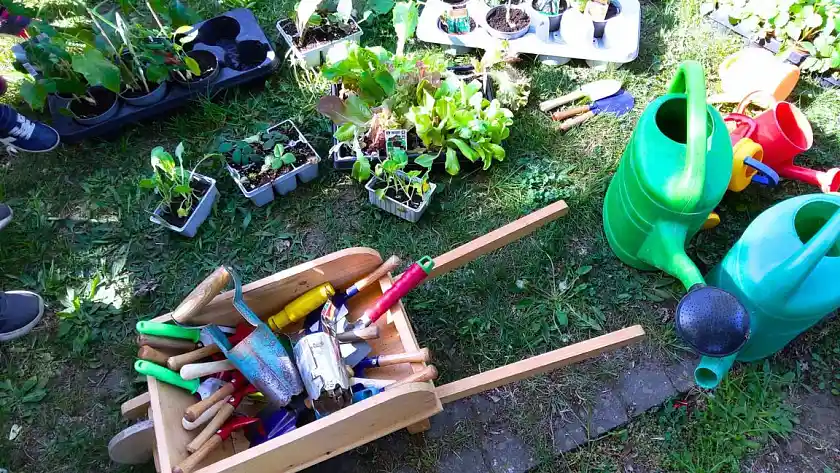 Holzschubkarre mit Gartenwerkzeugen, Grüne Gießkannen stehen drum herum.
