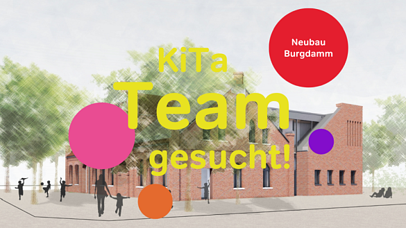 Abbildung des neuen Kinder- und Familienzentrums Burgdamm mit Störer Eröffnung 2024 Abbildung des neuen Kinder- und Familienzentrums Burgdamm mit Störer Eröffnung 2024