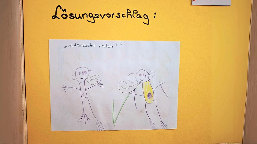 Gelbe Wand mit Zettel Lösungsvorschlag: Miteinander reden! und einer passenden Kinderzeichnung dazu