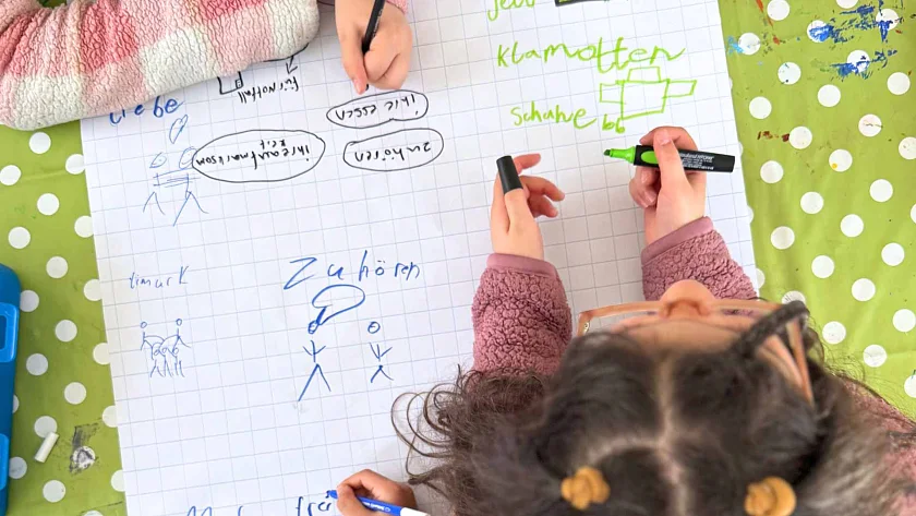 Kinder schreiben auf Flipchart. Foto aus der Vogelperspektive aufgenommen.
