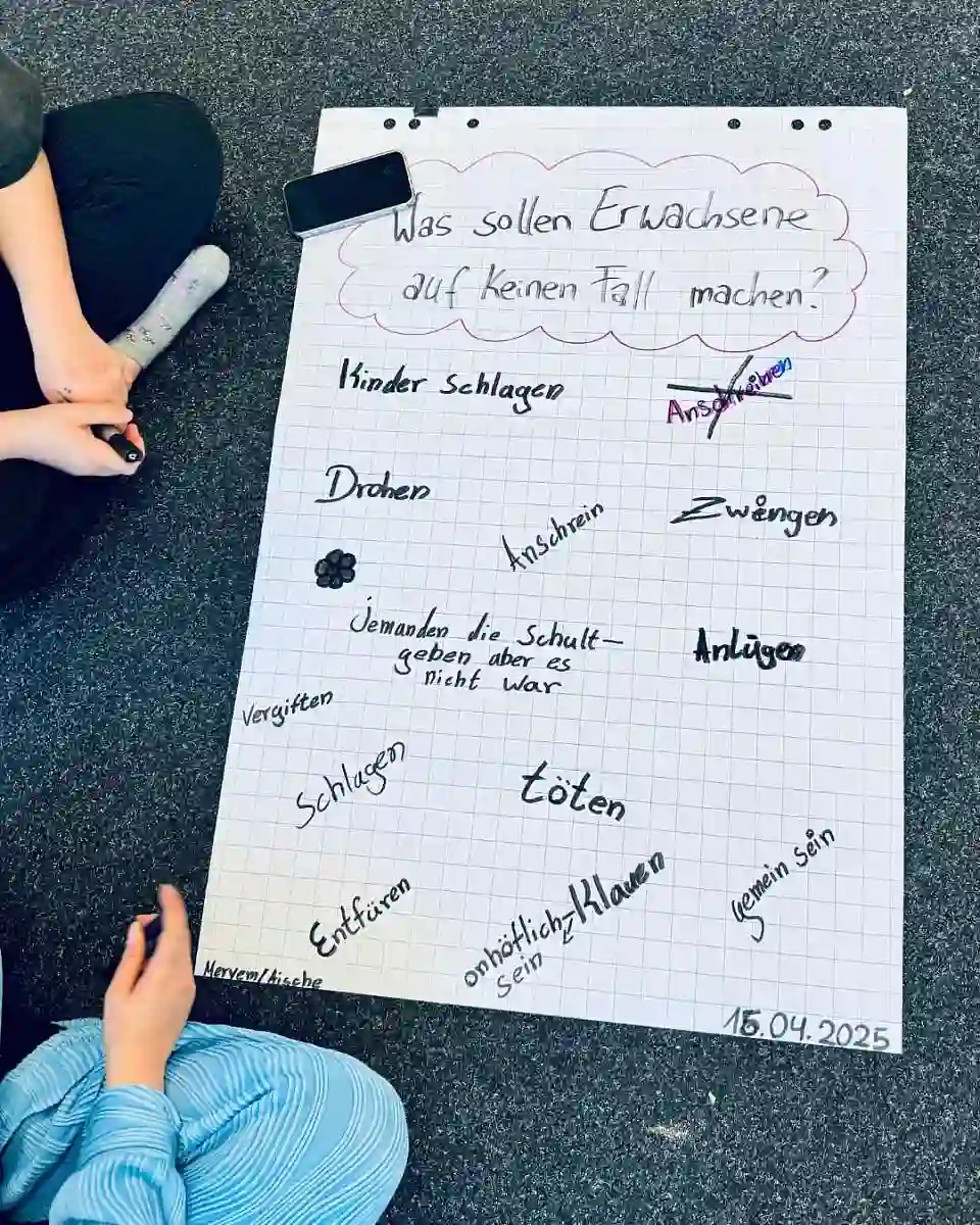 Kinder sitzen beim Flipchart zur Fragestellung: Was d&uuml;rfen Erwachsene auf keinen Fall machen?