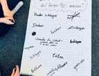 Kinder sitzen beim Flipchart zur Fragestellung: Was dürfen Erwachsene auf keinen Fall machen?
