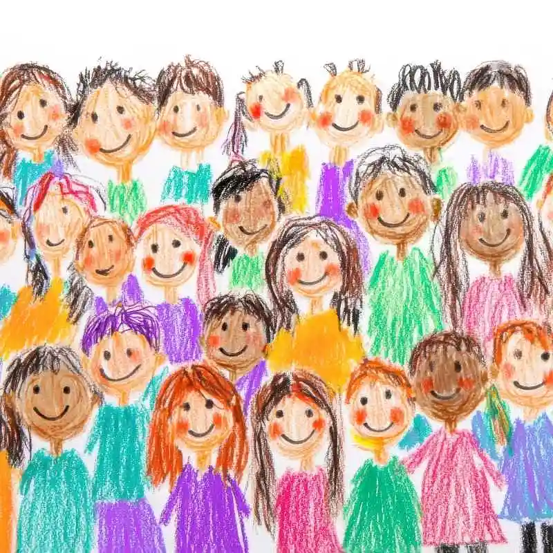 Viele mit Wachsmalstiften gezeichnete Kinder