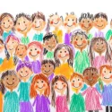 Viele mit Wachsmalstiften gezeichnete Kinder 