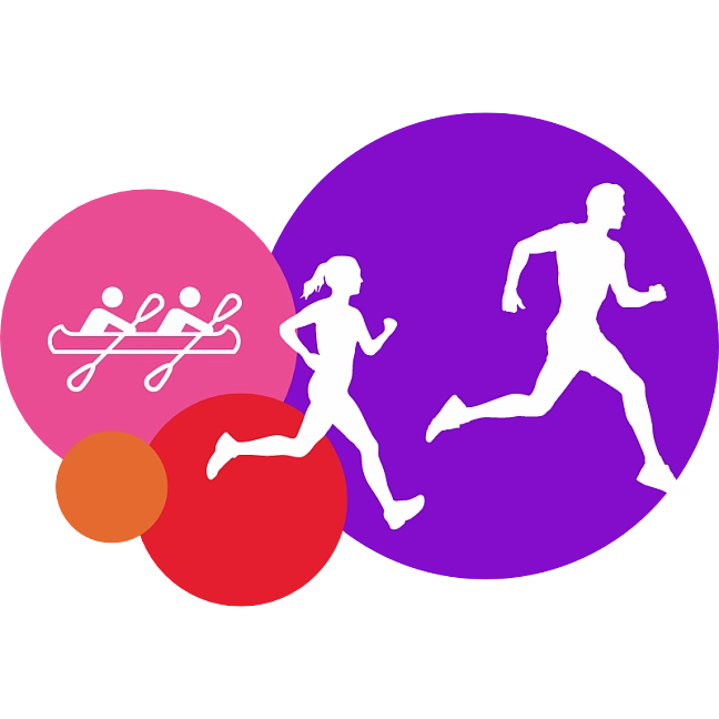Illustrationen von Padlern und Läufern auf bunten Kreisen